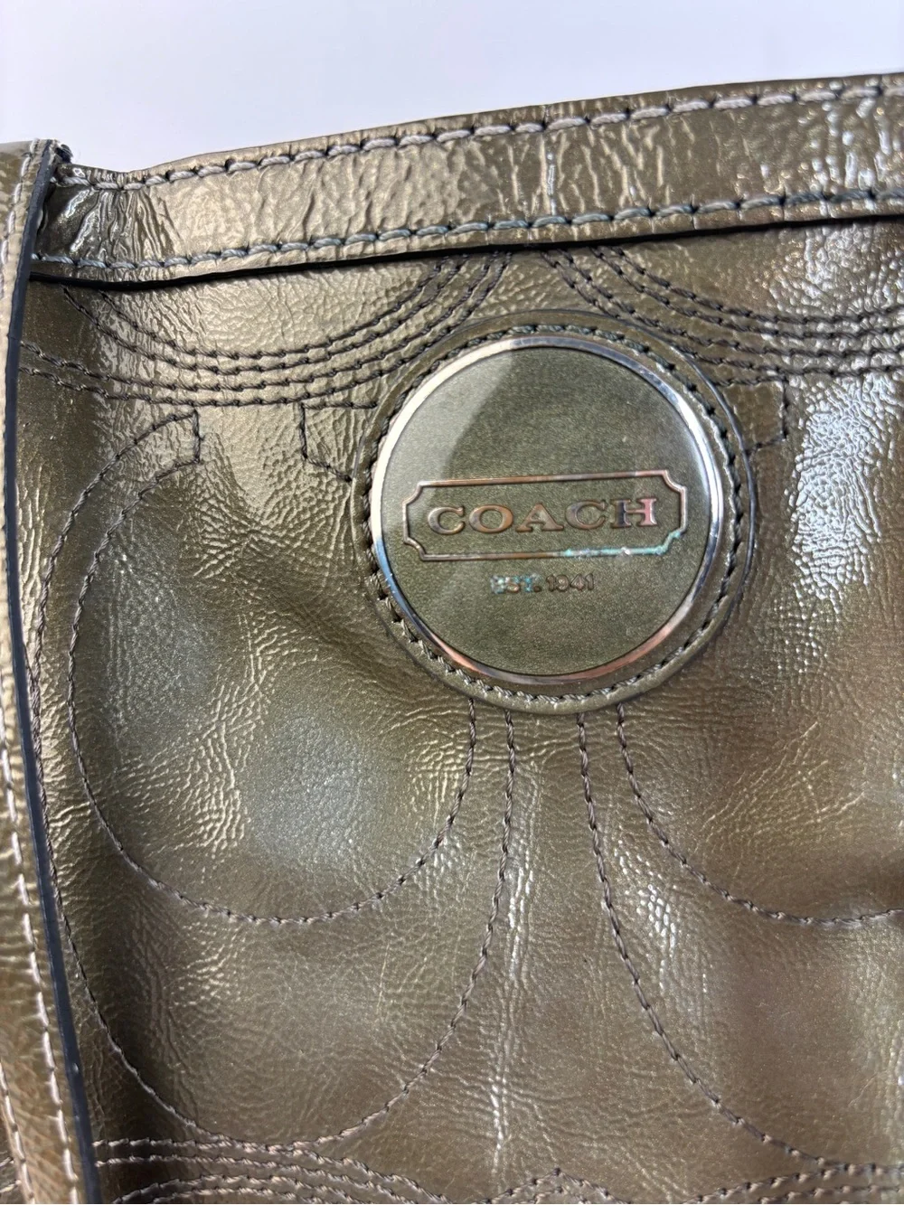 Coach‎ Signature Stripe Stitched Patent Leather Tote Olive Green 15142
